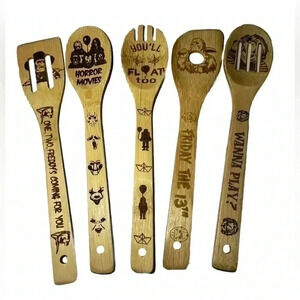 5pc Bamboo Halloween Horror Movie Serial Killer Kitchen Spoon Utensils